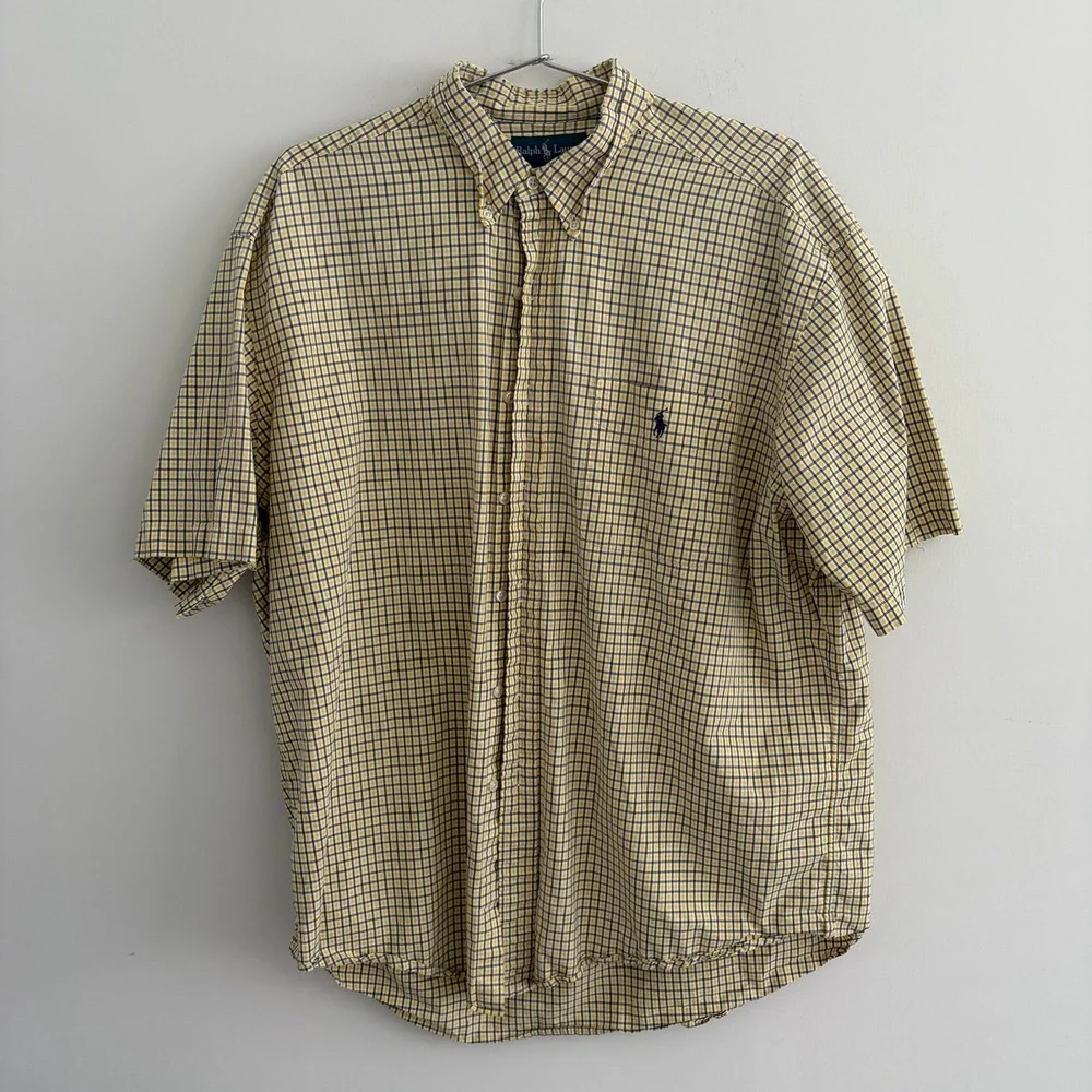 Ralph Lauren Blake Mens XL Yellow Blue Plaid Short Sleeve Button Down Shirt